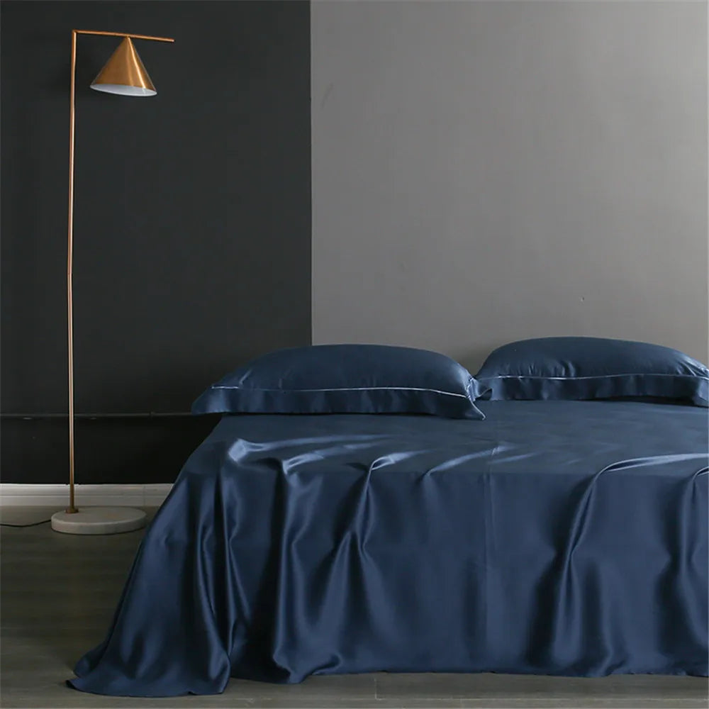 drap lit bleu marine uni soie 100% moderne oreillers taies d'oreiller drap plat queen
