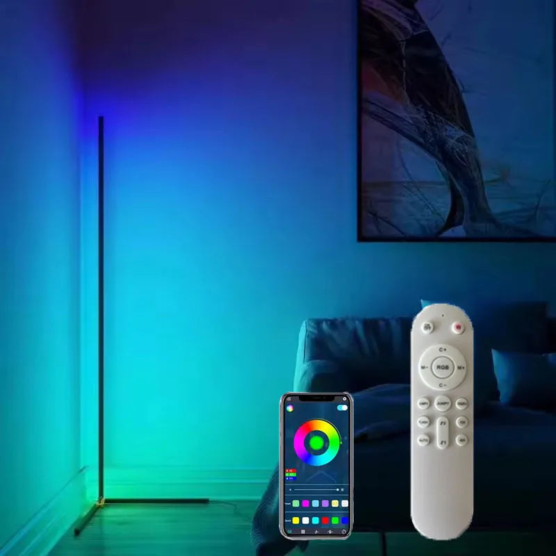 lampe sol rgb moderne multicolore télécommande application mobile pied triangle