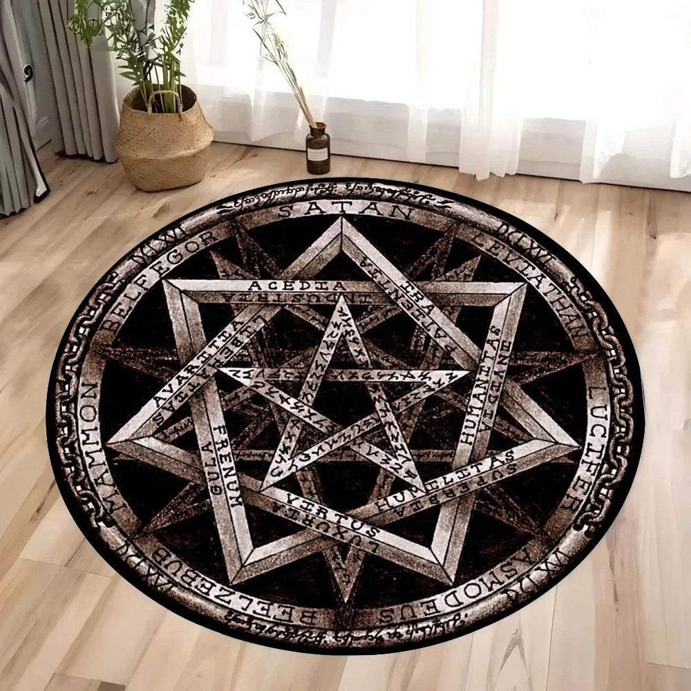 tapis noir blanc motifs géométriques symboles religieux tête bête 80x80cm moderne gothique decoration maison