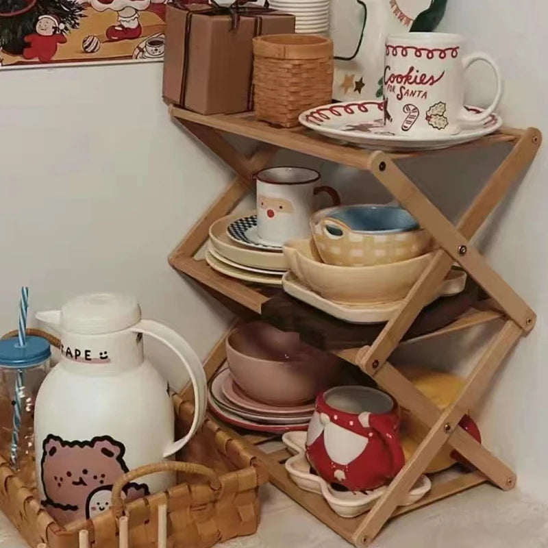 étagère pliable bois moderne assiettes tasses bol pot miel bouteille eau plantes minimaliste