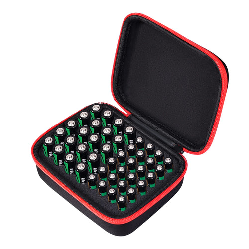 boîte rangement piles aa aaa texture mousse noire rouge poignée portative 44 compartiments