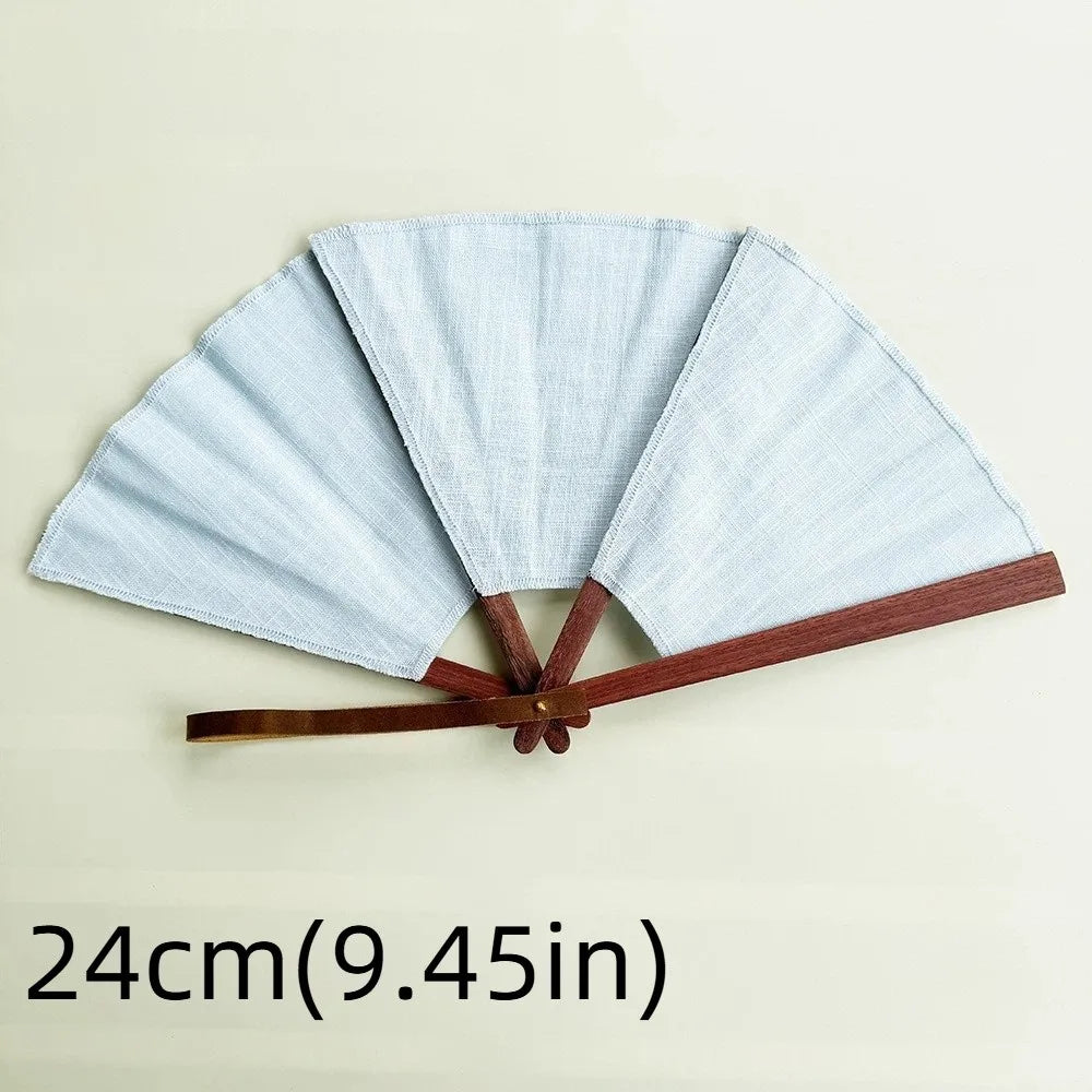 éventail classique pliant bleu clair fleurs blanches tissu lin cuir multifonctionnel intérieur portable