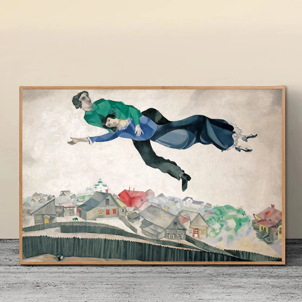 toile d'art illustration deux personnes volant village contemporain vert bleu gris beige noir