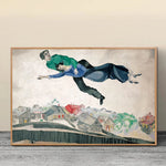 toile d'art illustration deux personnes volant village contemporain vert bleu gris beige noir