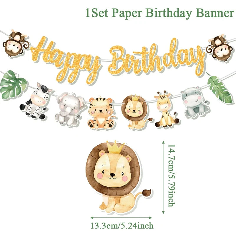 guirlande fête animaux jungle or blanc vert lettres dorées feuilles palmier fil