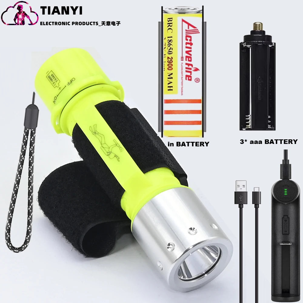 lampe plongée jaune fluo rechargeable modes lumière intense étanche flashlight utilitaire