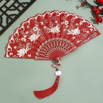 éventail traditionnel rouge noir fleurs blanches clips pompon danse mariage pliant décoratif