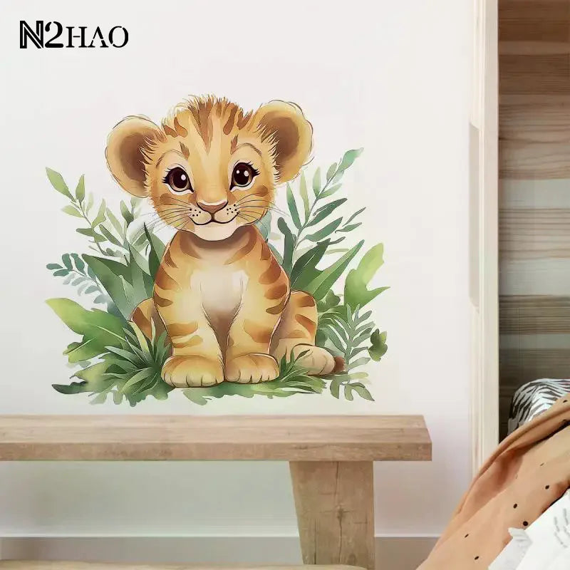 sticker mural lionceau illustration cartoon orange beige vert adhésif chambre enfant salon decoration maison