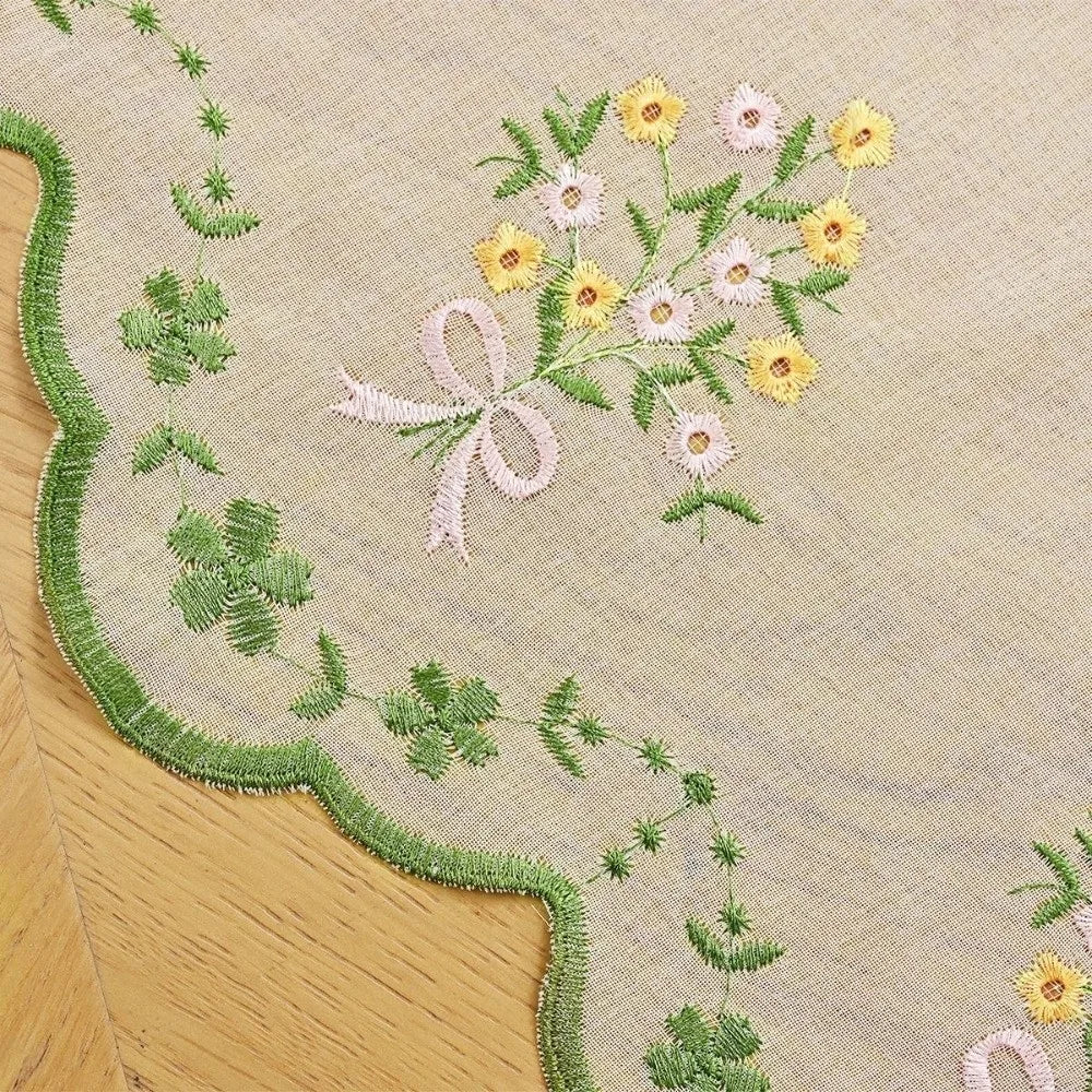 rideau blanc brodé fleurs semi transparent classique anneaux vert rose jaune beige