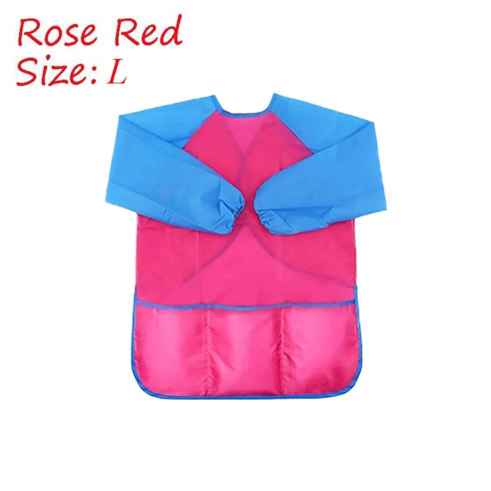 tablier peinture imperméable enfant pinceaux jaune bleu rose poche élastique pratique