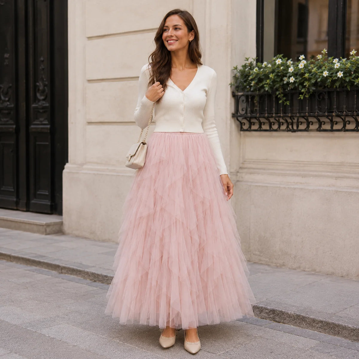 jupe tulle rose clair élégante classique été plissée longueur cheville junior féerique organza polyester