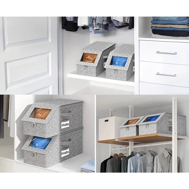 boîte rangement chapeaux gris bleu moderne granulée poignées réutilisable pratique anti poussière