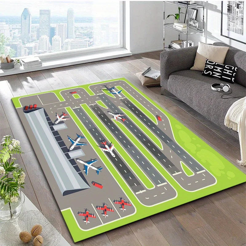 tapis moderne avions aéroport pistes vert gris blanc chambre salon éducatif interactifextérieur decoration