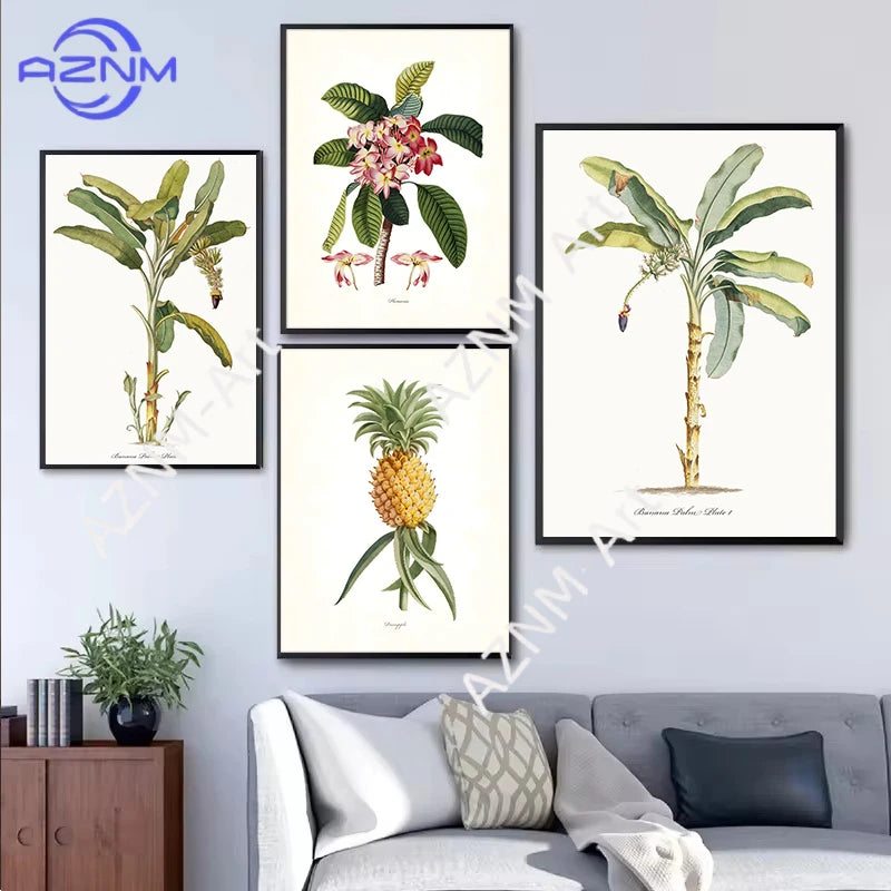 affiche botanique classique plantes tropicales illustration verte jaune blanche sans cadre doré maison décoration