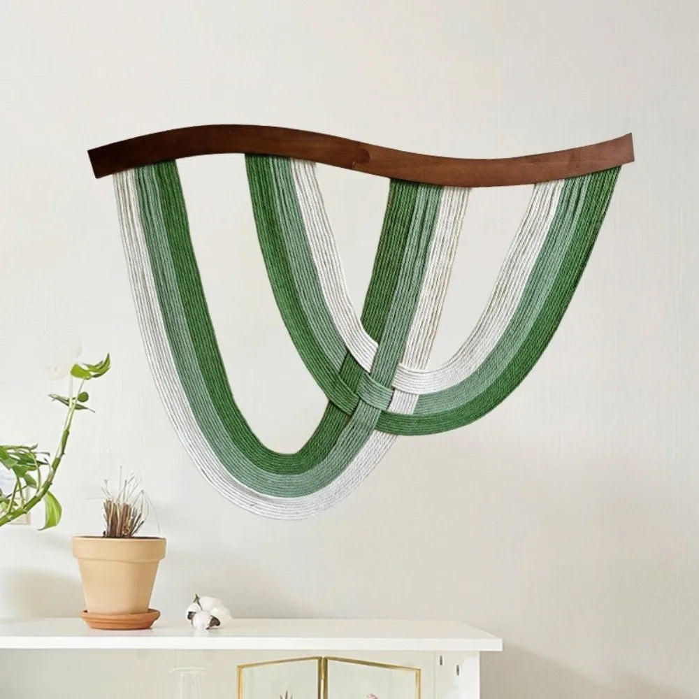 décoration murale moderne art abstrait spirales tissage vert blanc sans cadre bois coton