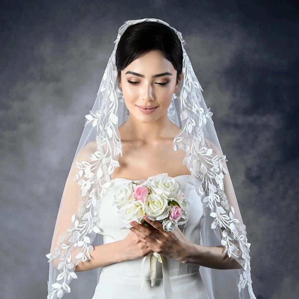 voile mariée blanc broderie florale translucide classique peigne épingles
