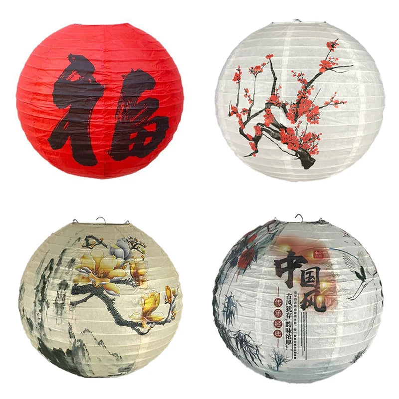 lanternes chinoises traditionnelles fleurs cerisier calligraphie rouge blanc suspension deco intérieure festive art asiatique