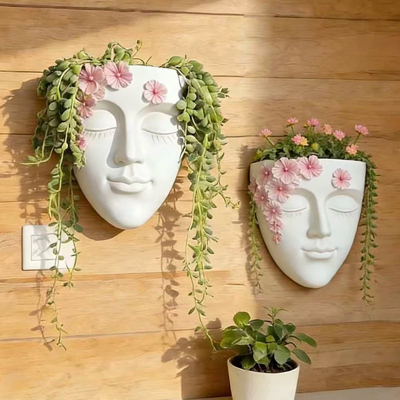 pots fleurs muraux visage féminin blanc gris fleurs décoratives artistique antique plantes grimpantesintérieur decoration