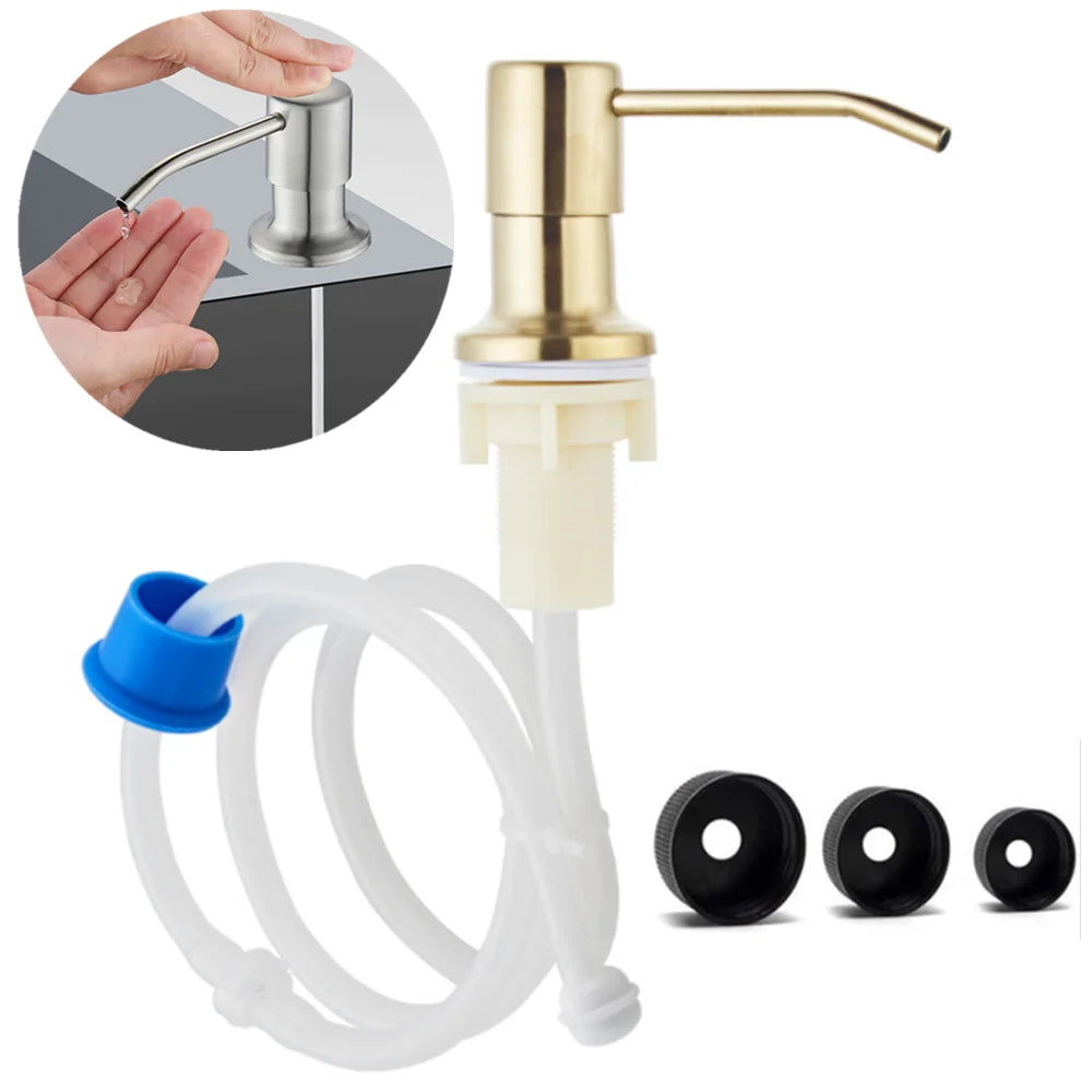 distributeur savon liquide argenté noir doré moderne minimaliste fixation tête pompe tube extension bouchon
