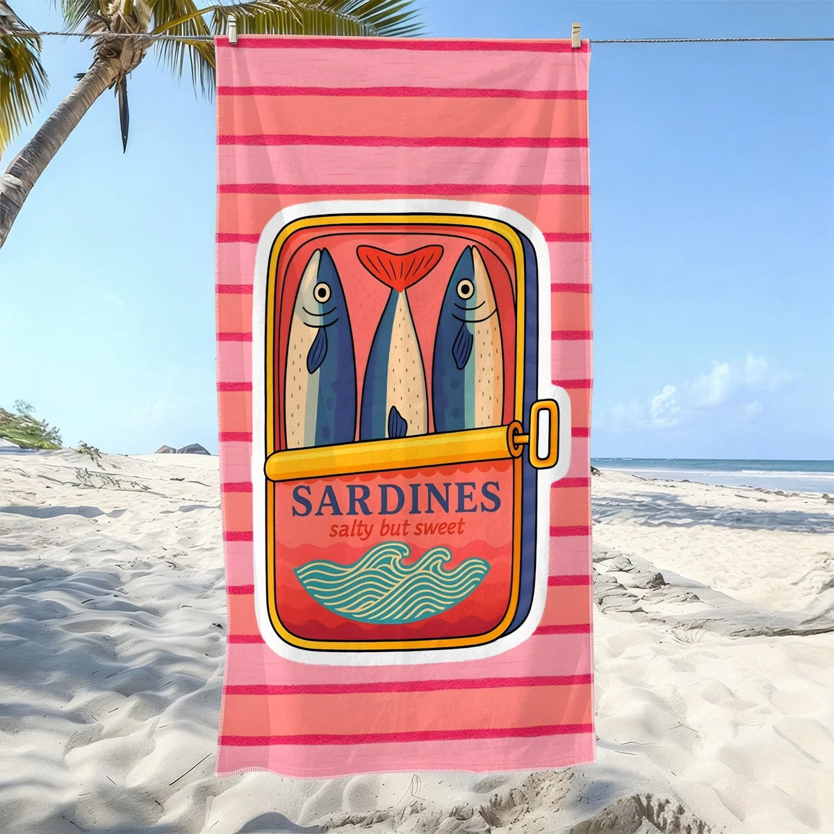 serviette plage vintage motif sardines microfibre rapide séchage rose blanche bleue verte