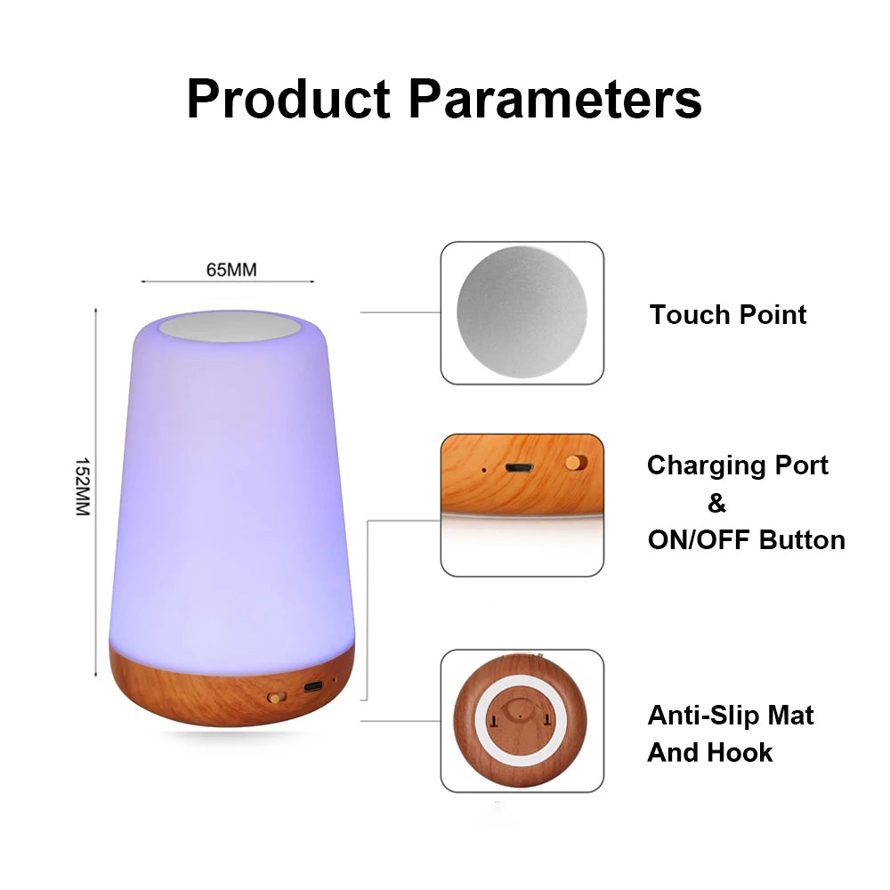 Détail du design bois tactile de la lampe de chevet LED