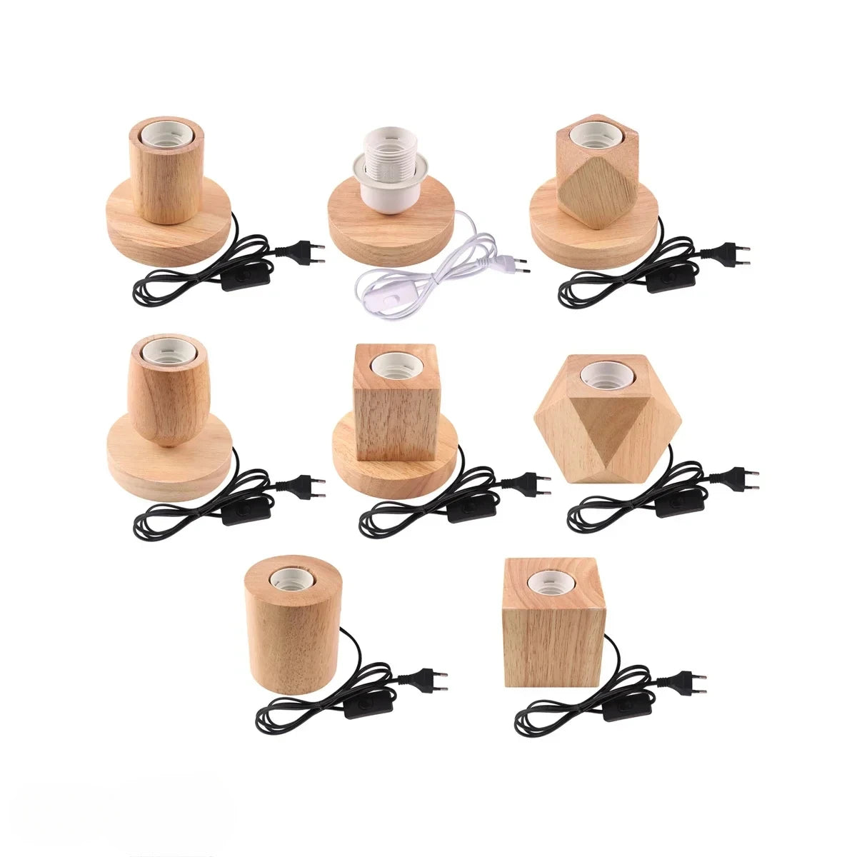 base lampe bois naturel clair texture bois moderne minimaliste vis e27 câble prise interrupteur