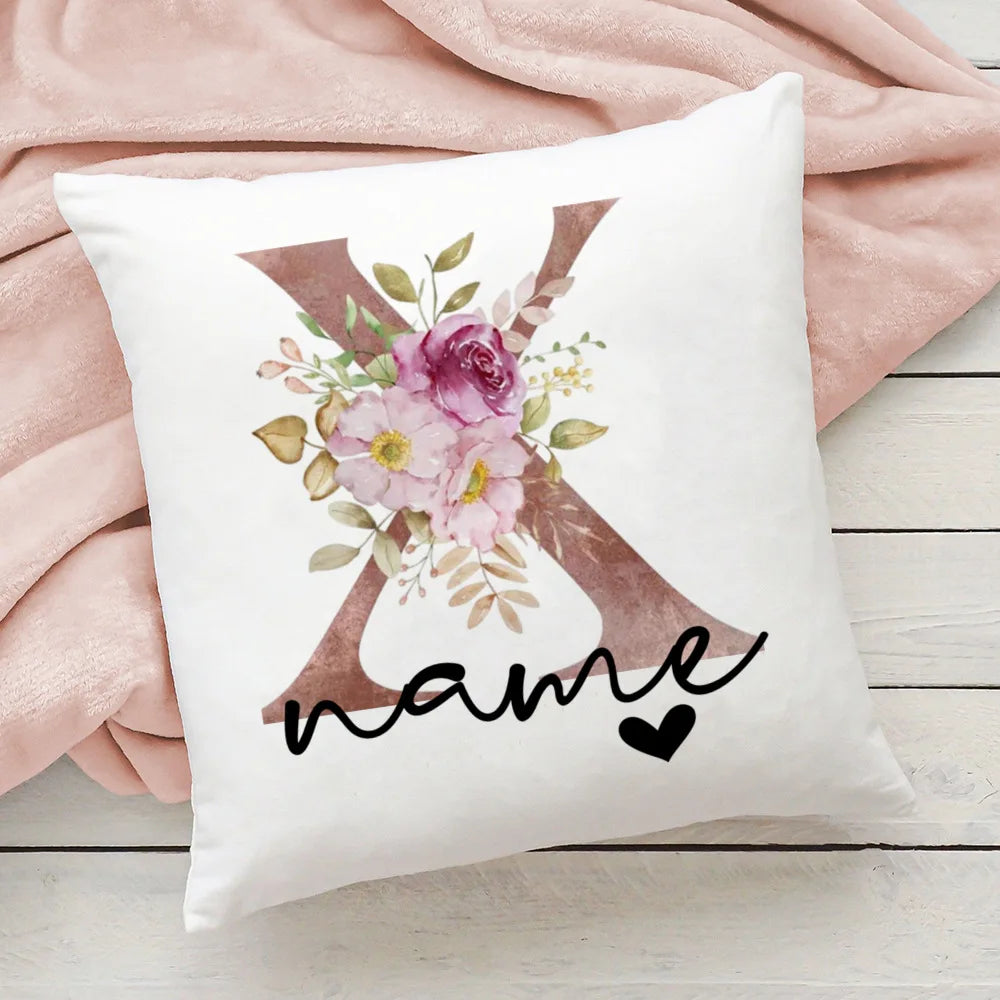 taie d'oreiller motif floral rose lettres initiales respectueux environnement moderne blanc