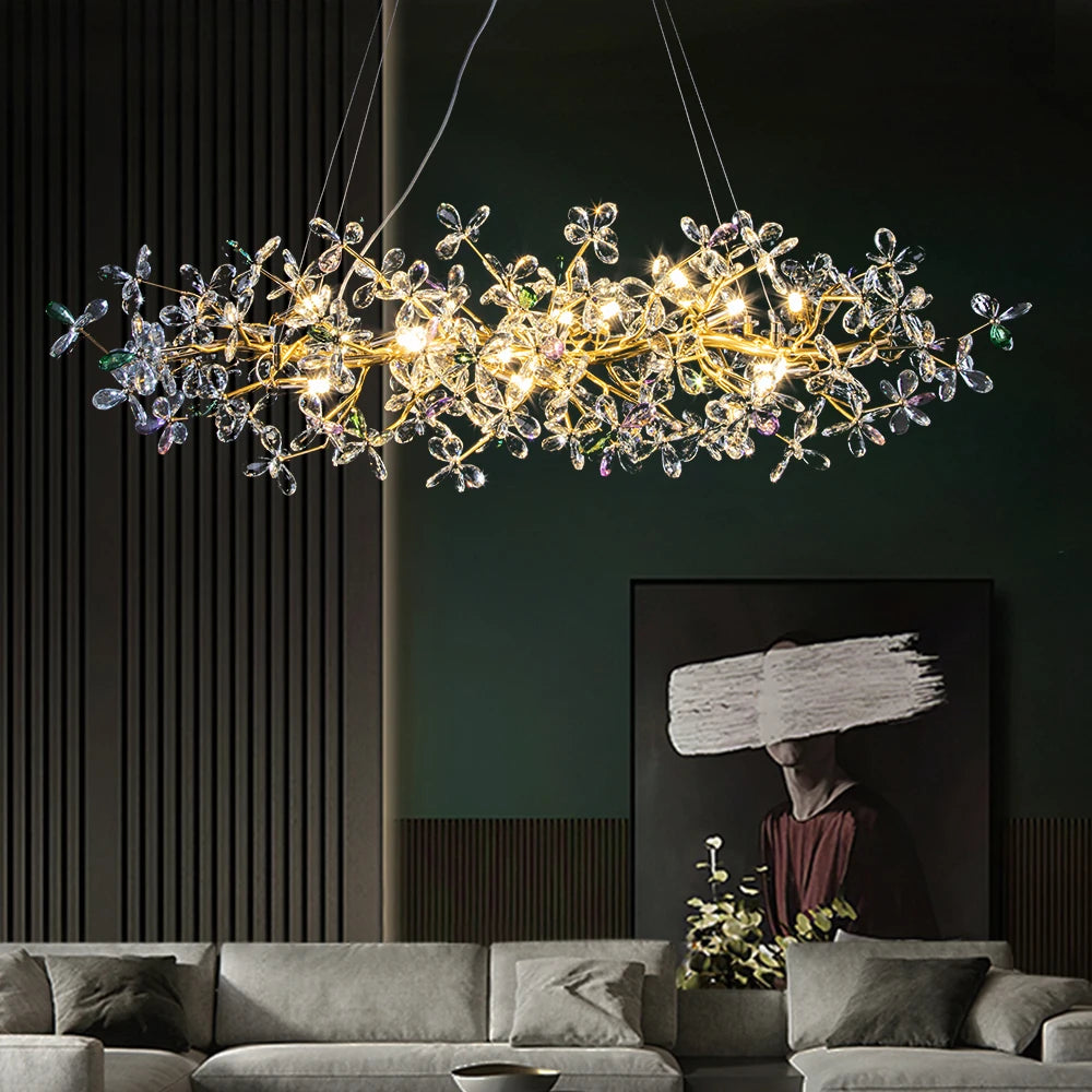 Suspension lumineuse moderne fleurs colorées cristaux transparents doré led salon chambre