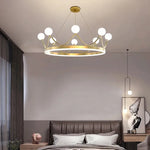 lampe suspendue moderne or blanc boules verre anneau central lumineux chaînes fixations