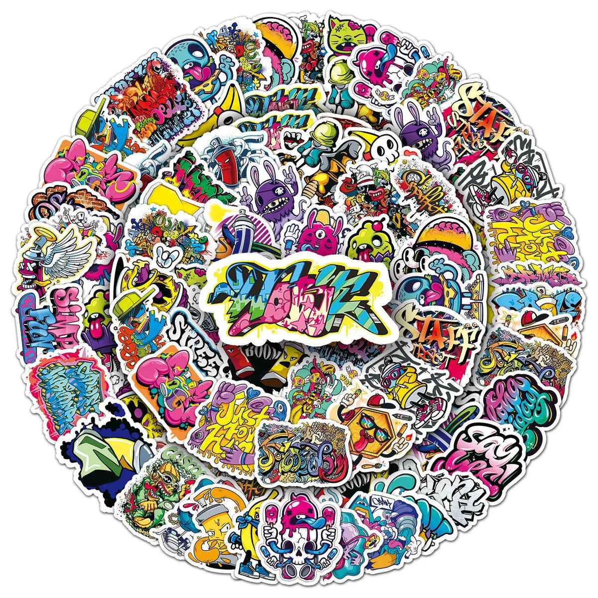 stickers multicolores graphiques pop art graffiti adhésifs variés animaux lettrages scènes urbaines