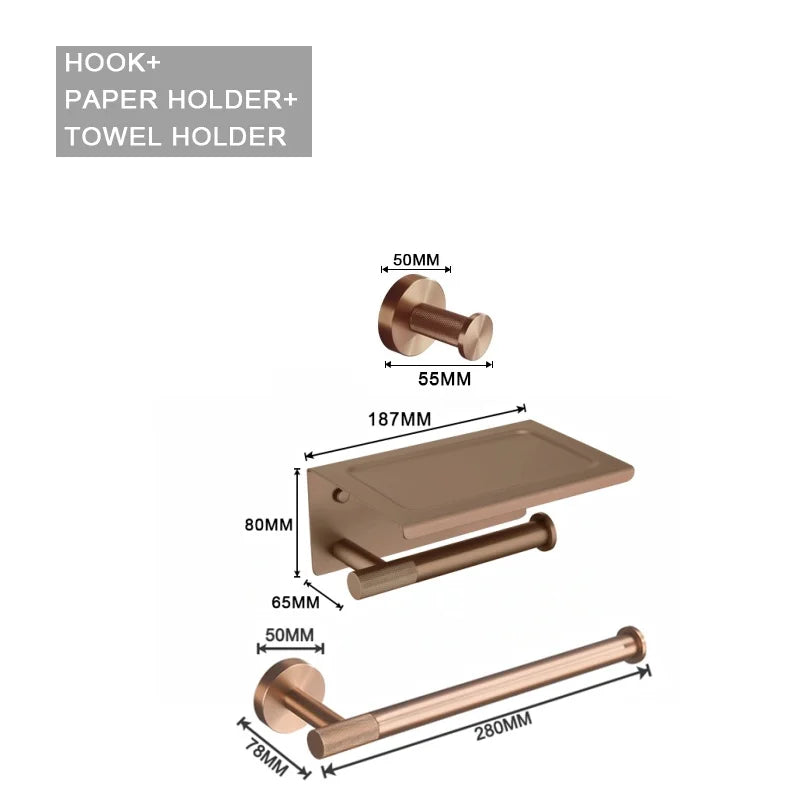 ensemble accessoires salle bain moderne métal or rose porte serviettes barre crochet mural