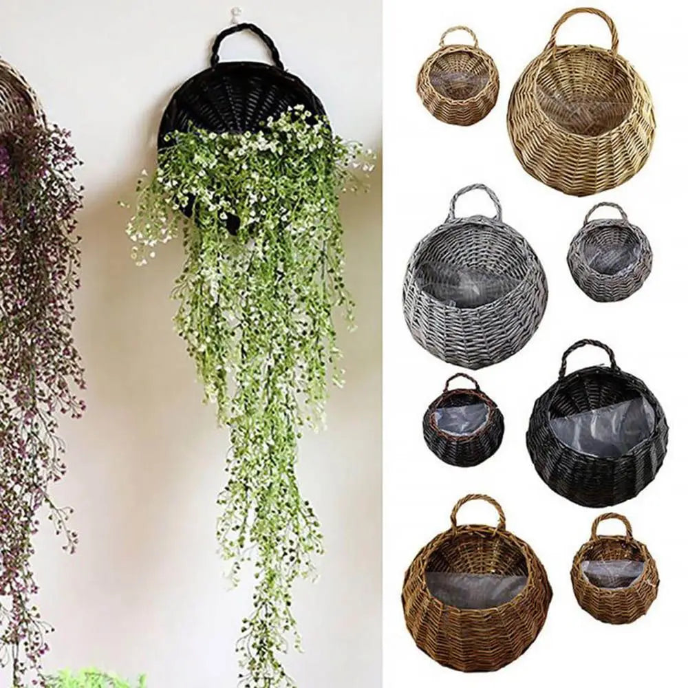 paniers suspendus tissage osier rustique marron noir plante artificielle décoration jardin fleur fixations