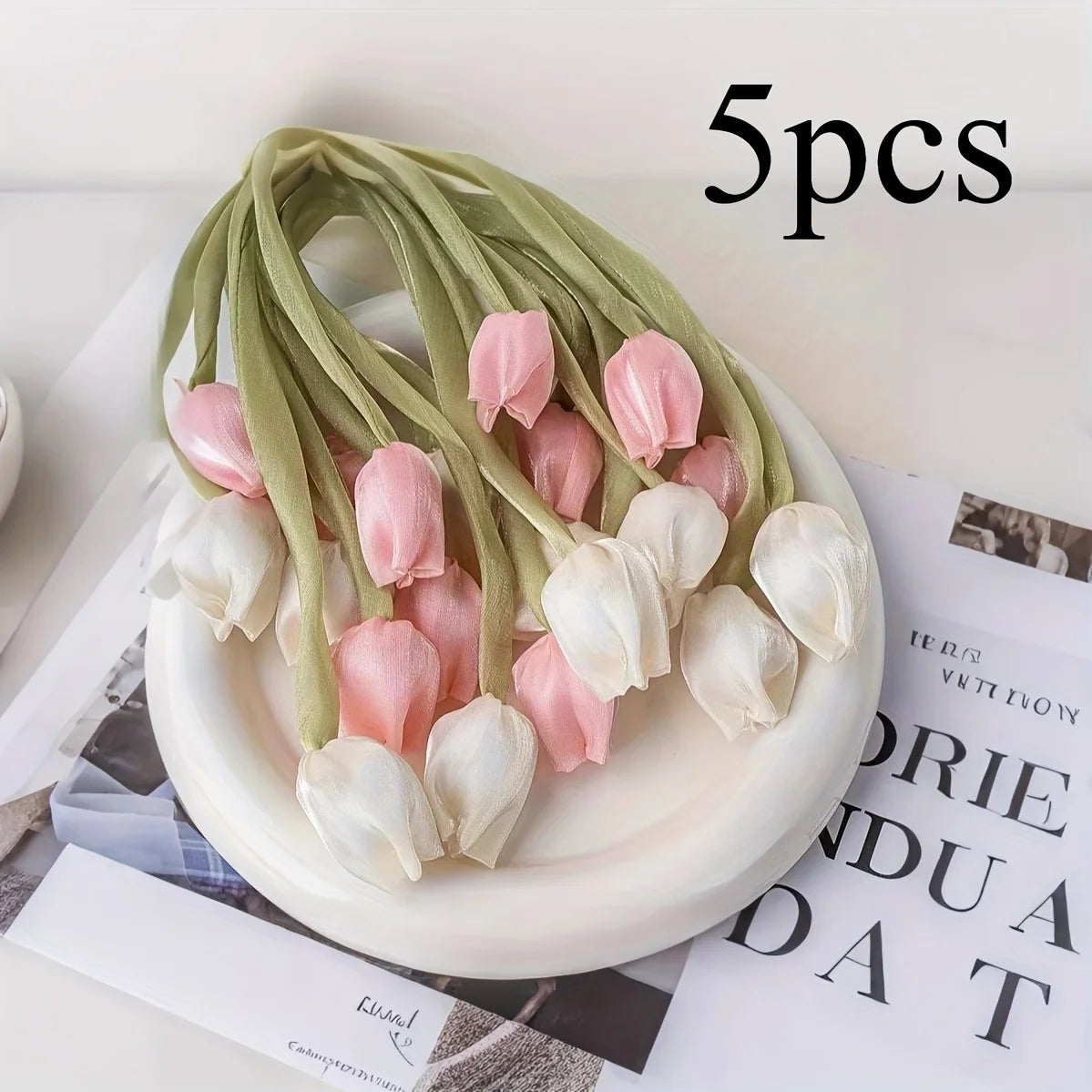 bouquet artificiel tulipes vert clair rose pâle moderne décoratif ruban fixations