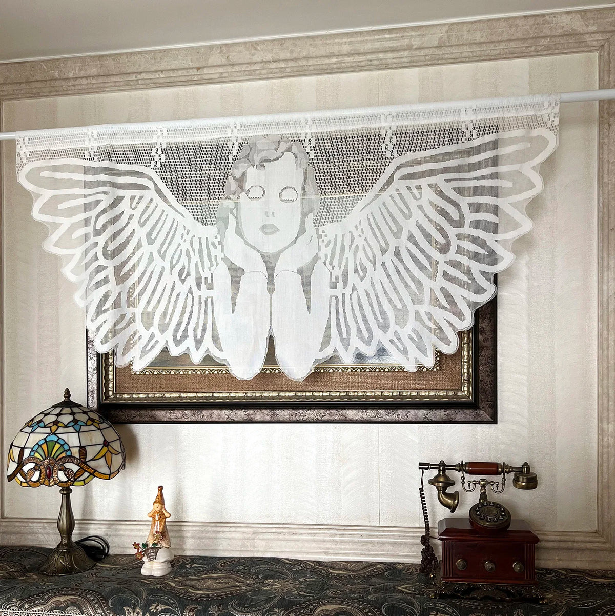 rideau blanc translucide art déco ange ailes fenetre texture ajourée moderne