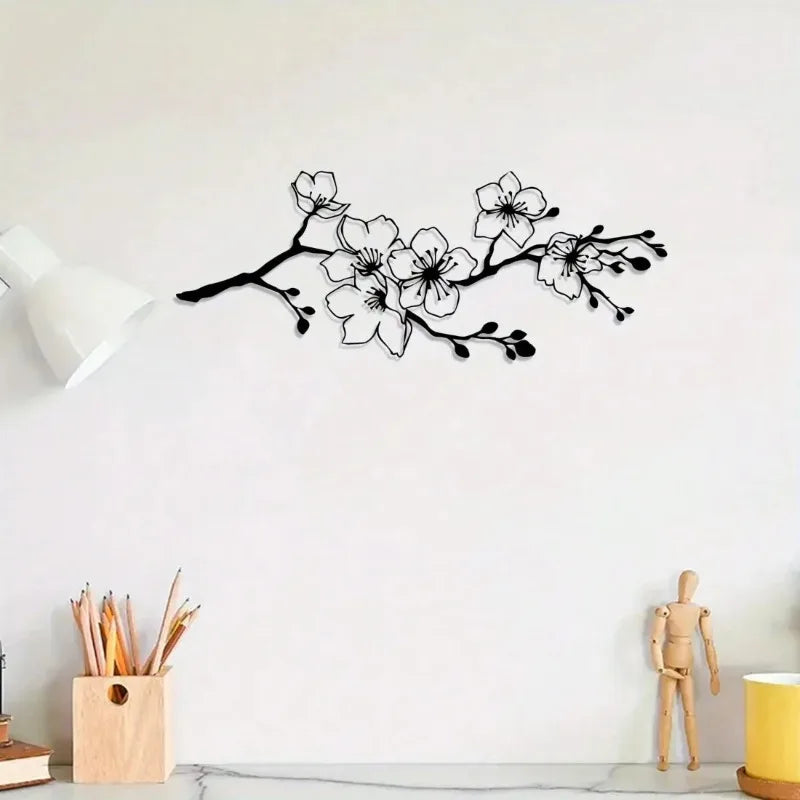 décoration murale moderne branche fleurs cerisier noire minimaliste métal feuilles fines opaque
