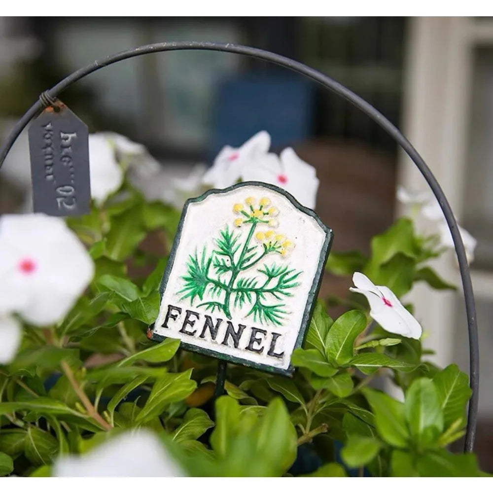 plaque jardin vintage illustration plantes blanc vert noir décorative métallique tringle fixée