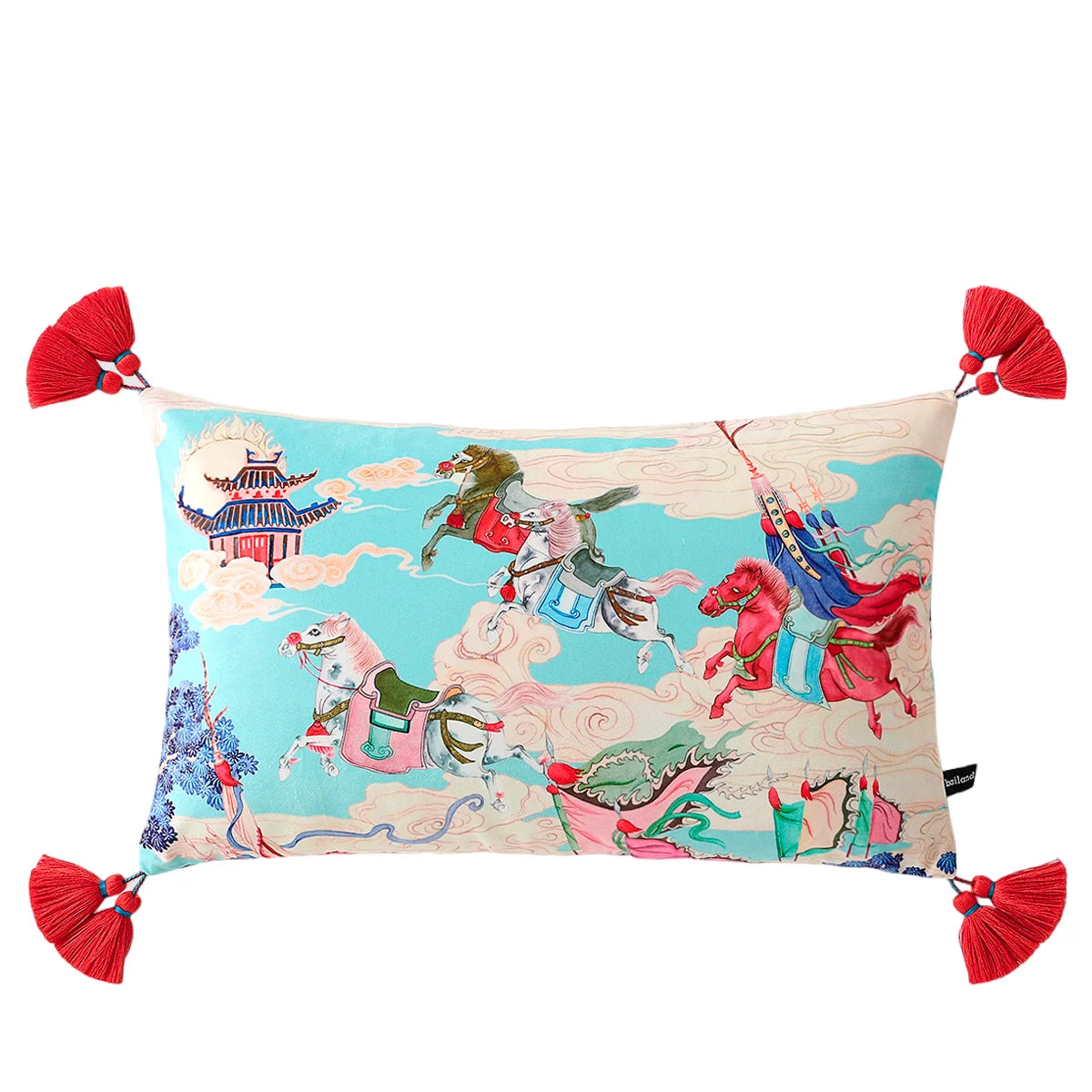 housse coussin scénique imprimé motif oriental cavaliers pagodes animaux moderne bleu rouge vert noir