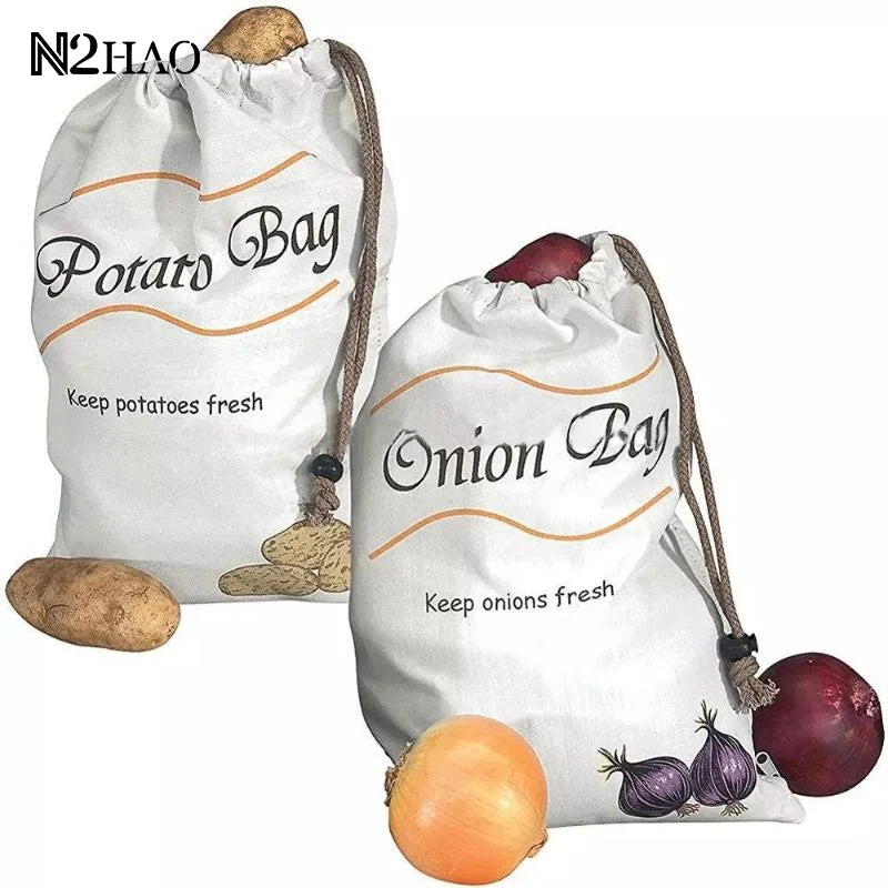 sac rangement légumes blanc imprimé fraîcheur corde nouer potatoes onions simple pratique