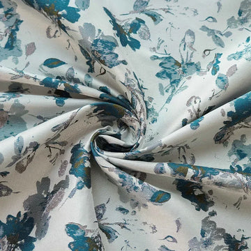 tissu polyester jacquard motifs floraux stylisés blanc bleu gris élégant coudre decorator floral