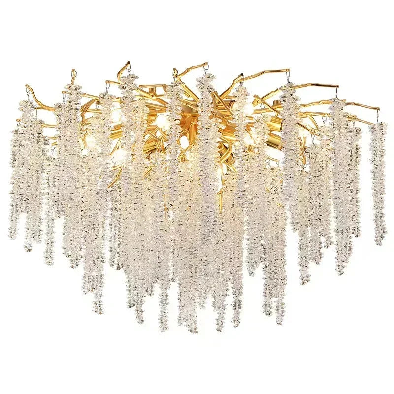 lustre moderne transparent branches goutte doré élégant illumination chambre salon