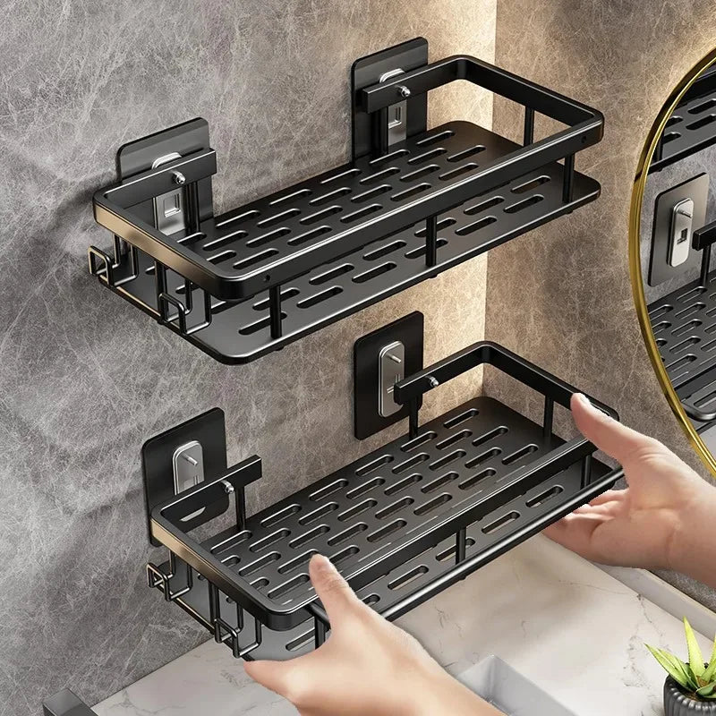 rangements étagères salle bain adhésives modernes noires grille rangement cosmétiques accessoires toiletttes