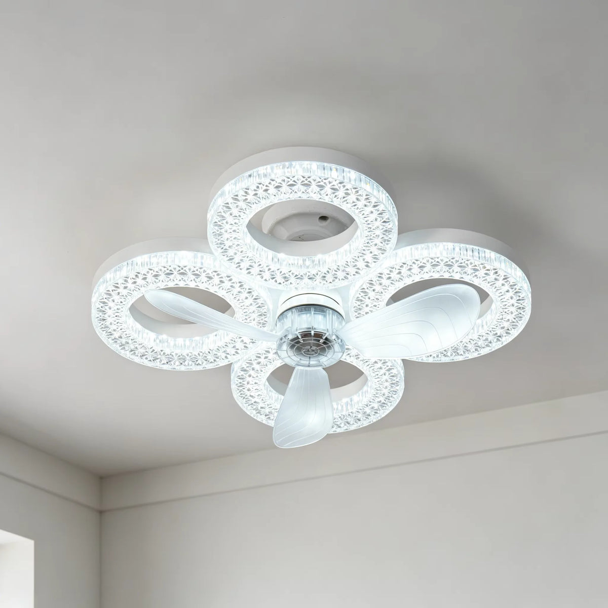 ventilateur led 48w vitesses minuterie 24h blanc texture diamants moderne télécommande