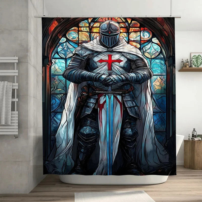 rideau douche chevalier médiéval croix rouge vitrail coloré opaque polyester géométrique bleu blanc gris