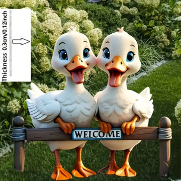 statue decorative cartoon canard blanc orange gris yeux brillants plaque welcomeextérieur jardin decoration