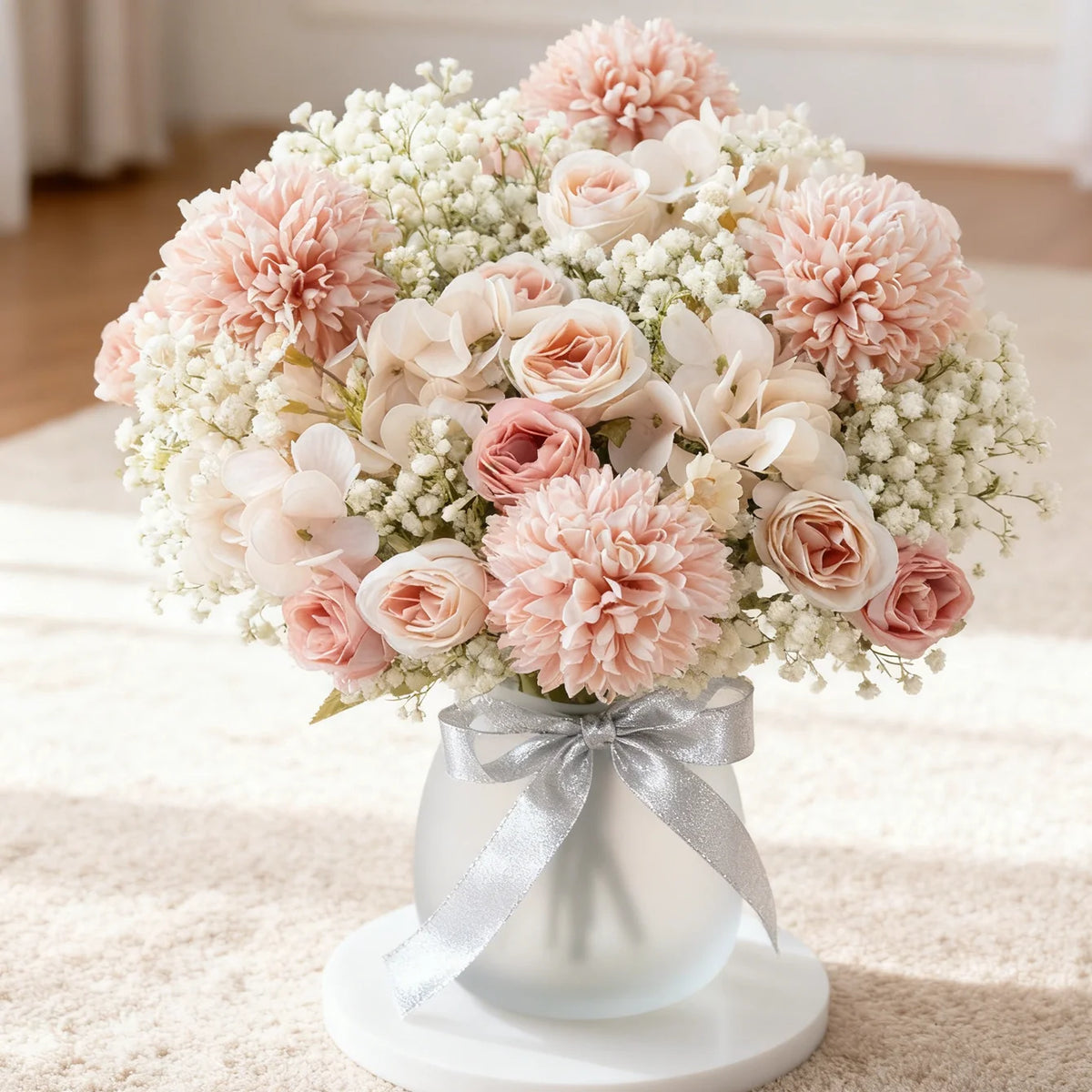 bouquet fleurs artificielles velours rose blanc beige vert modernes élégantes décoration intérieure mariage anniversaire