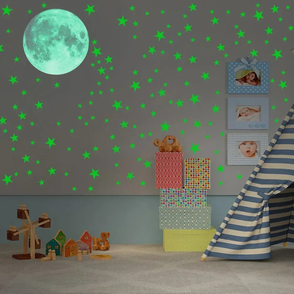 sticker mural lumineux lune étoiles bleu vert rose chambre enfants décoration maison moderne adhésif