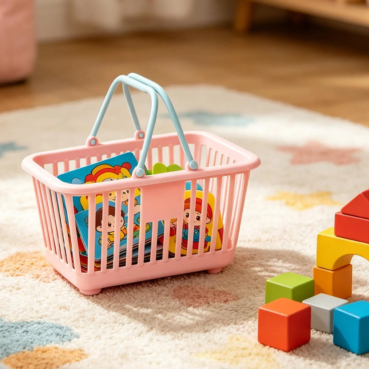 panier rangement rose bleu clair enfant poignées détachables moderne pratique chambre jouets