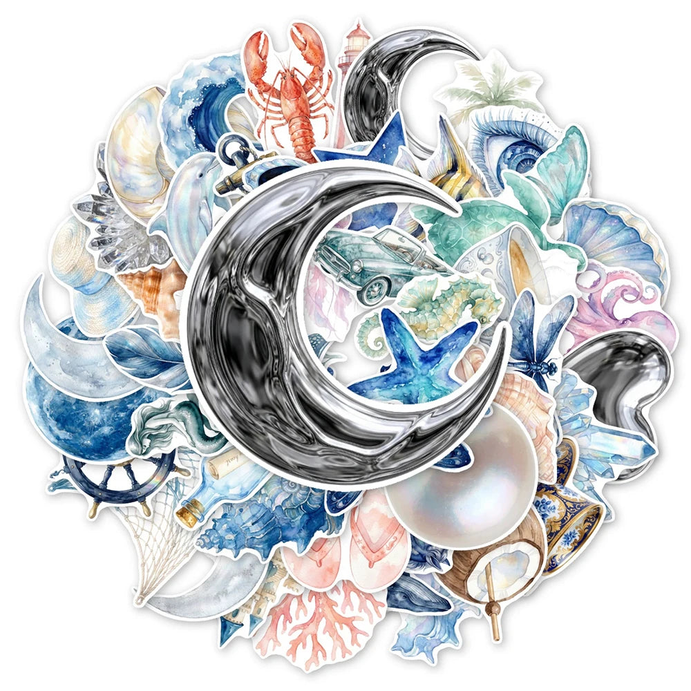 stickers marine coquillages poissons coraux bleu blanc rose illustration numérique adhésif portable téléphone papeterie