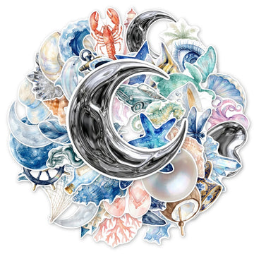 stickers marine coquillages poissons coraux bleu blanc rose illustration numérique adhésif portable téléphone papeterie