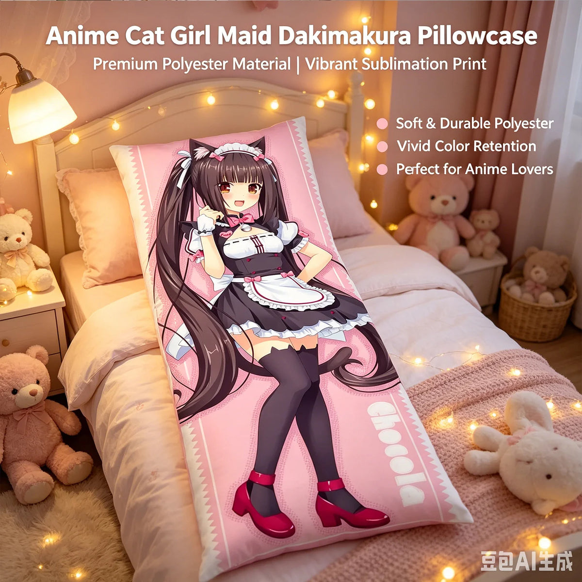 housse coussin corps dessin animé maid rose noir blanc anime opaquement tissu polyester